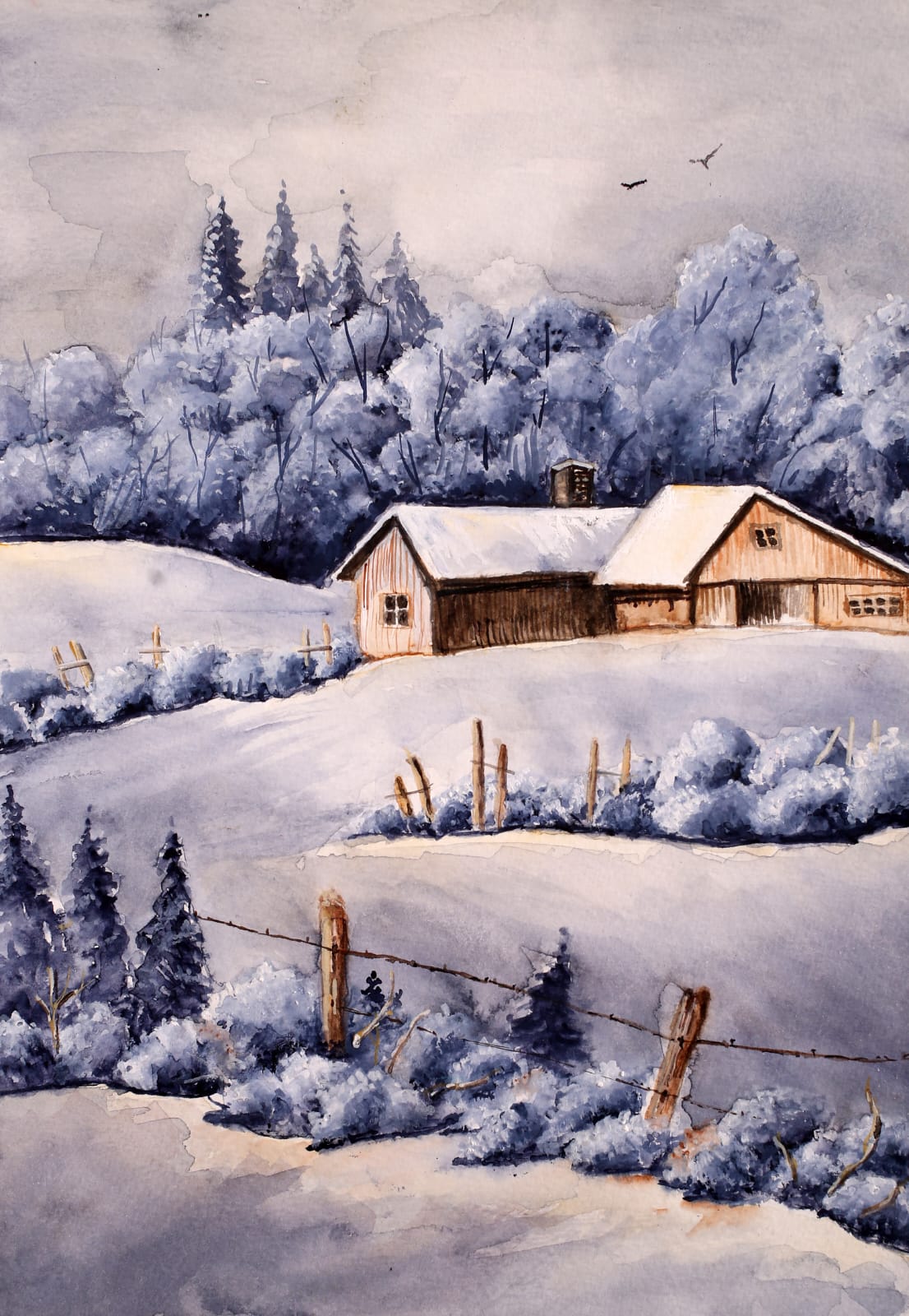 A wooden farmhouse on a snowy hillside with frosted trees and a wire fence, under a grey winter sky.