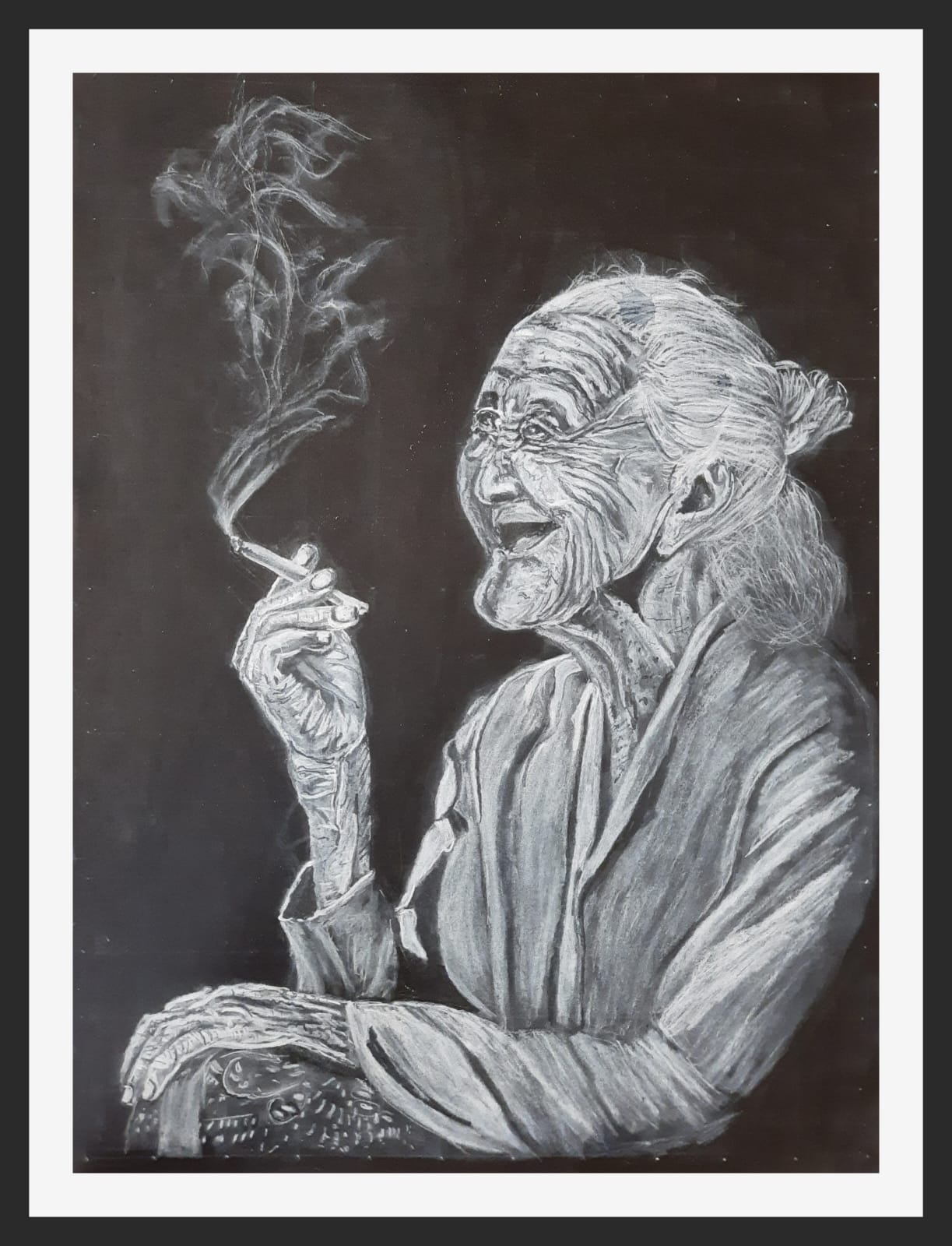 An old woman with deeply lined skin laughing, holding a cigarette with smoke curling up, drawn in white on black.
