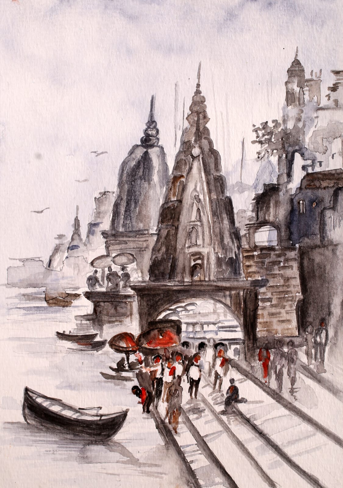 Temple spires in grey wash above the river steps, with small red touches on the crowd and a moored boat.