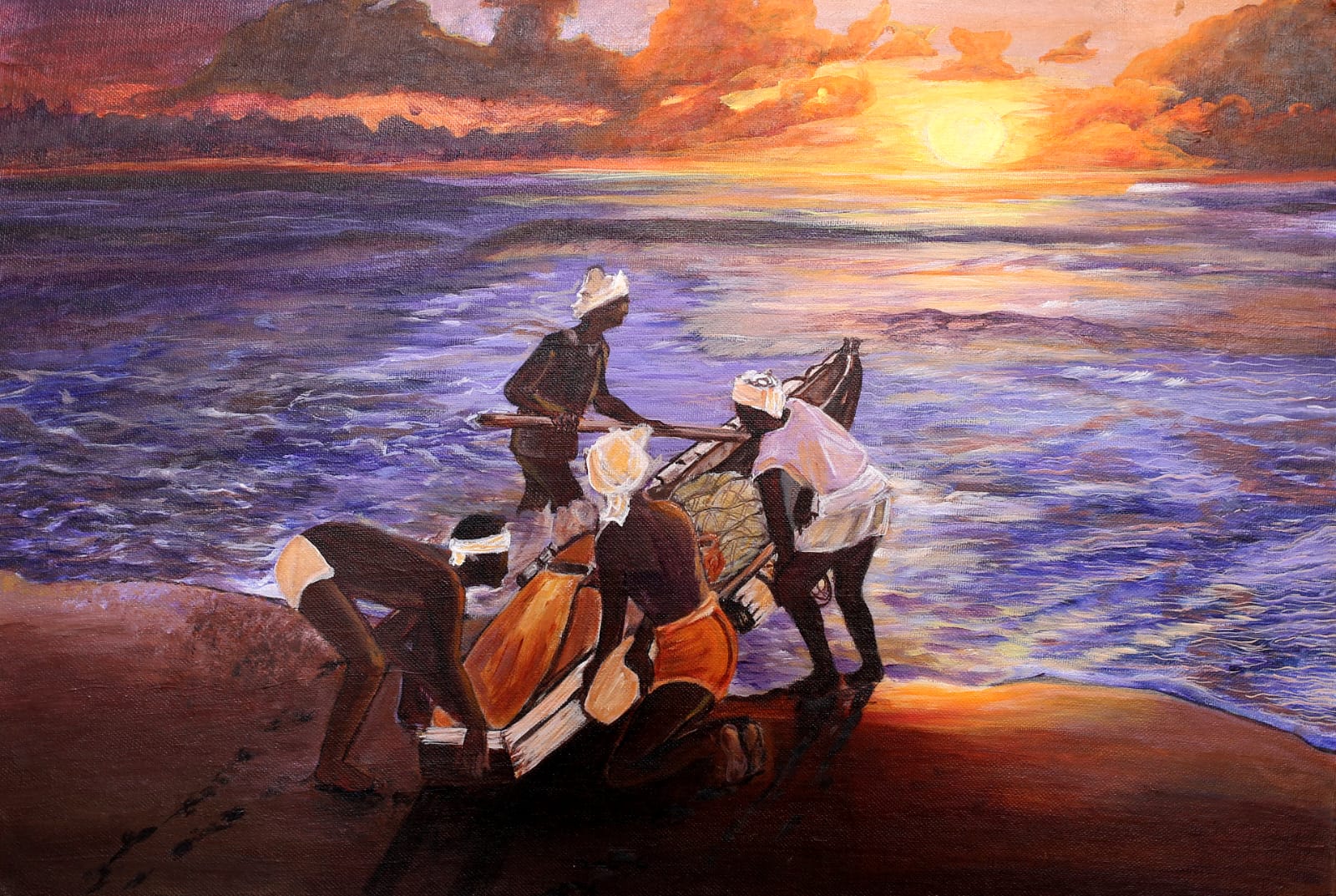 Four fishermen pushing a wooden boat into a violet sea under an orange setting sun.
