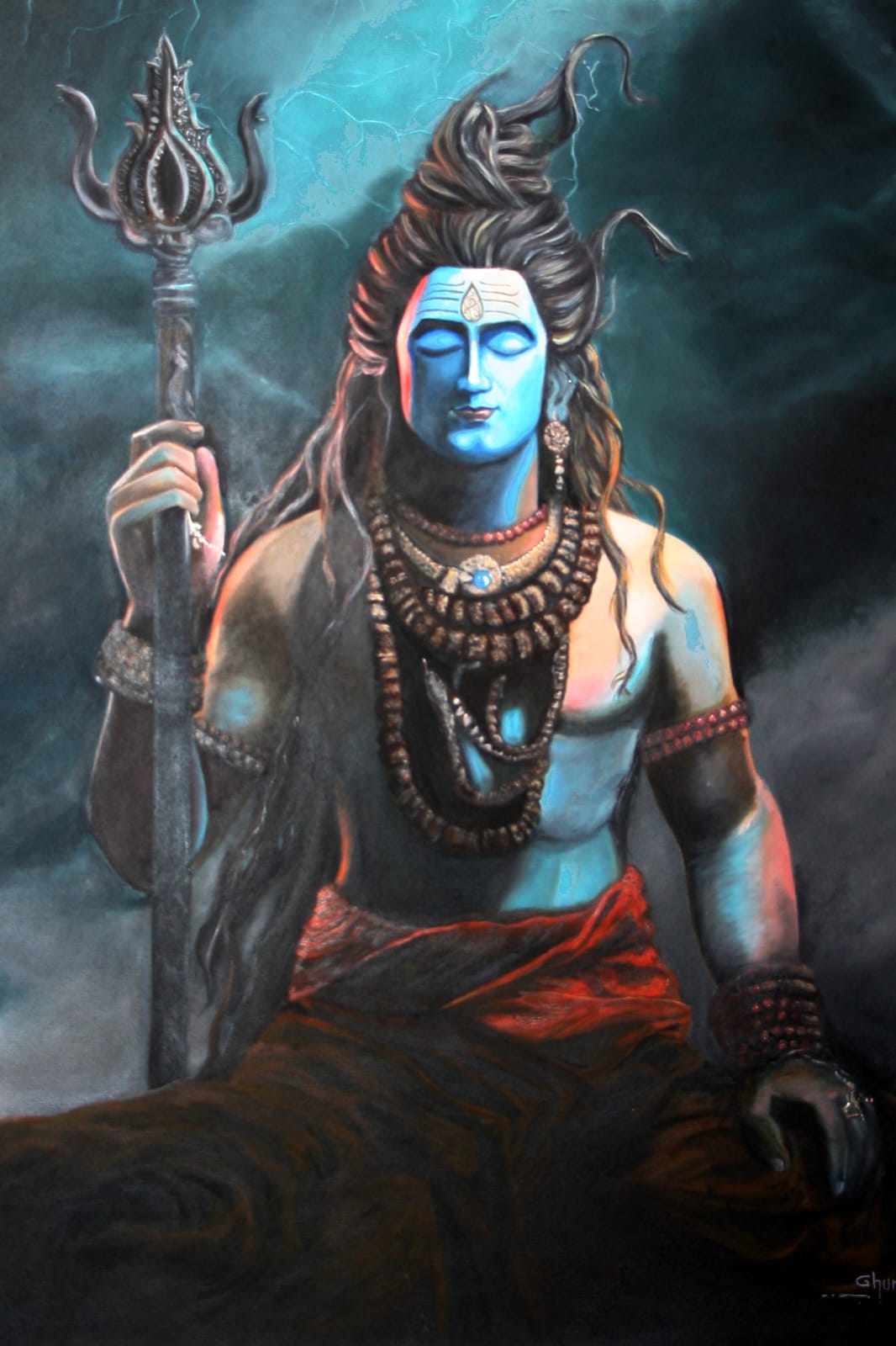Shiva seated in meditation with eyes closed, holding a trident, against a dark stormy sky.