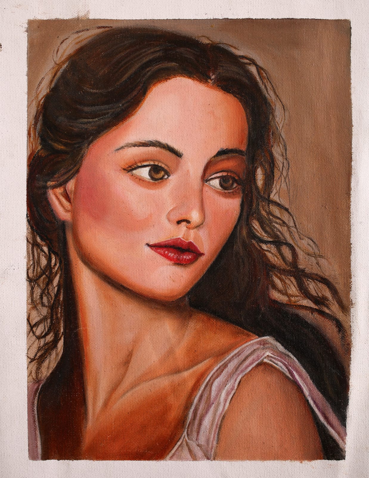 Oil portrait of a young woman with loose dark curls and red lips, glancing over her shoulder.