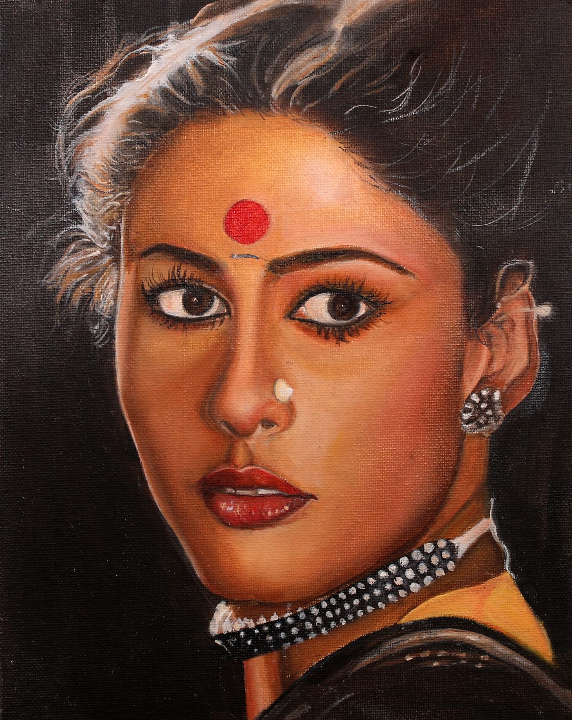 Oil portrait of a woman with a red bindi, white nose stud and beaded choker, glancing sideways.