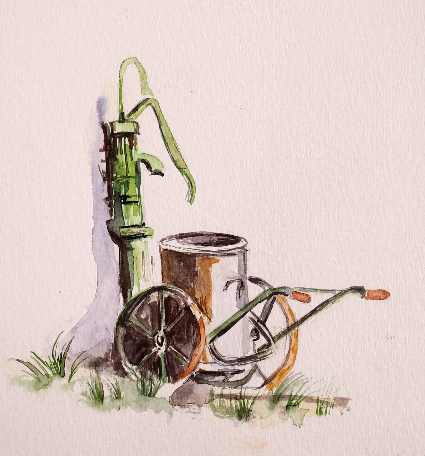 A loose watercolour sketch of a green hand pump, a milk can and a small cart wheel on a patch of grass.