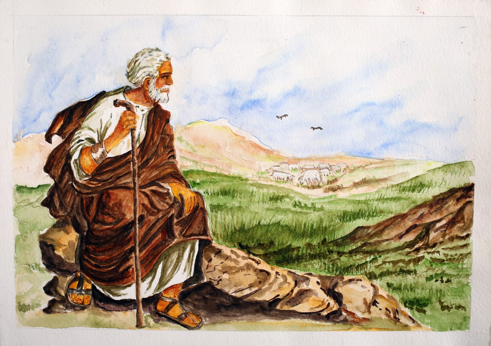 An old shepherd in a brown robe resting on a rock with his staff, looking out over green hills and a distant flock.
