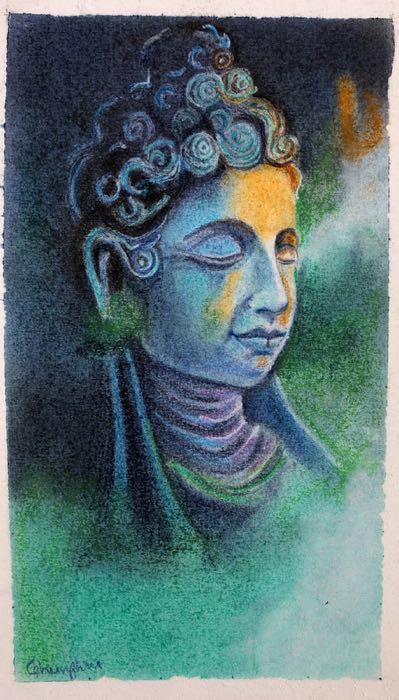A serene Buddha head in blue and violet pastel with a warm ochre light on one cheek, fading into green.